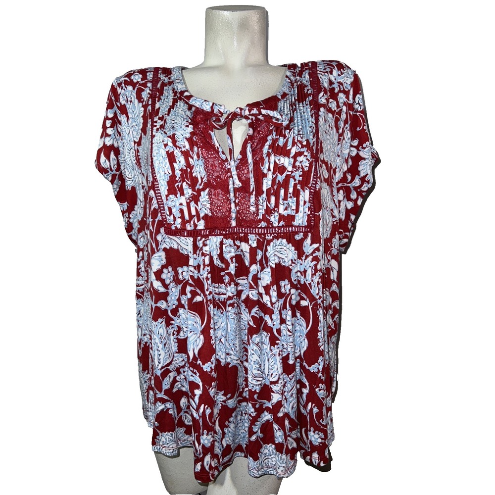 Tommy Hilfiger Womens 2X Red Blue Floral Paisley Lace Tie Neck Peasant Blouse